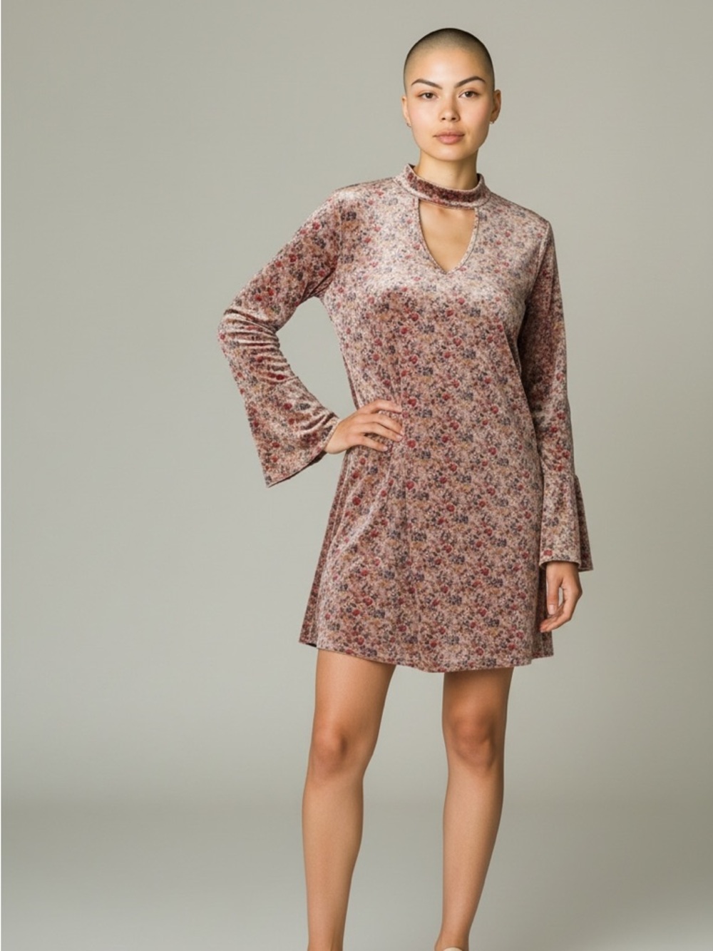 Chloah Boutique Crushed Velvet Choker Neck Bell Sleeve Floral Mini Dress